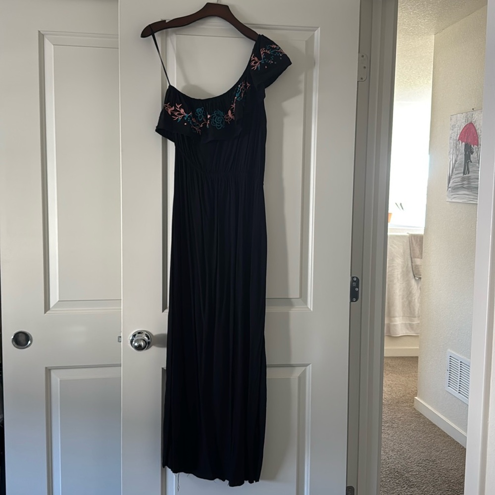 Cotton maxi one shoulder black summer dress L